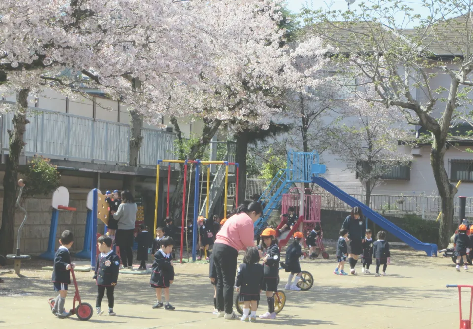 桜の下で園児が遊んでいる様子